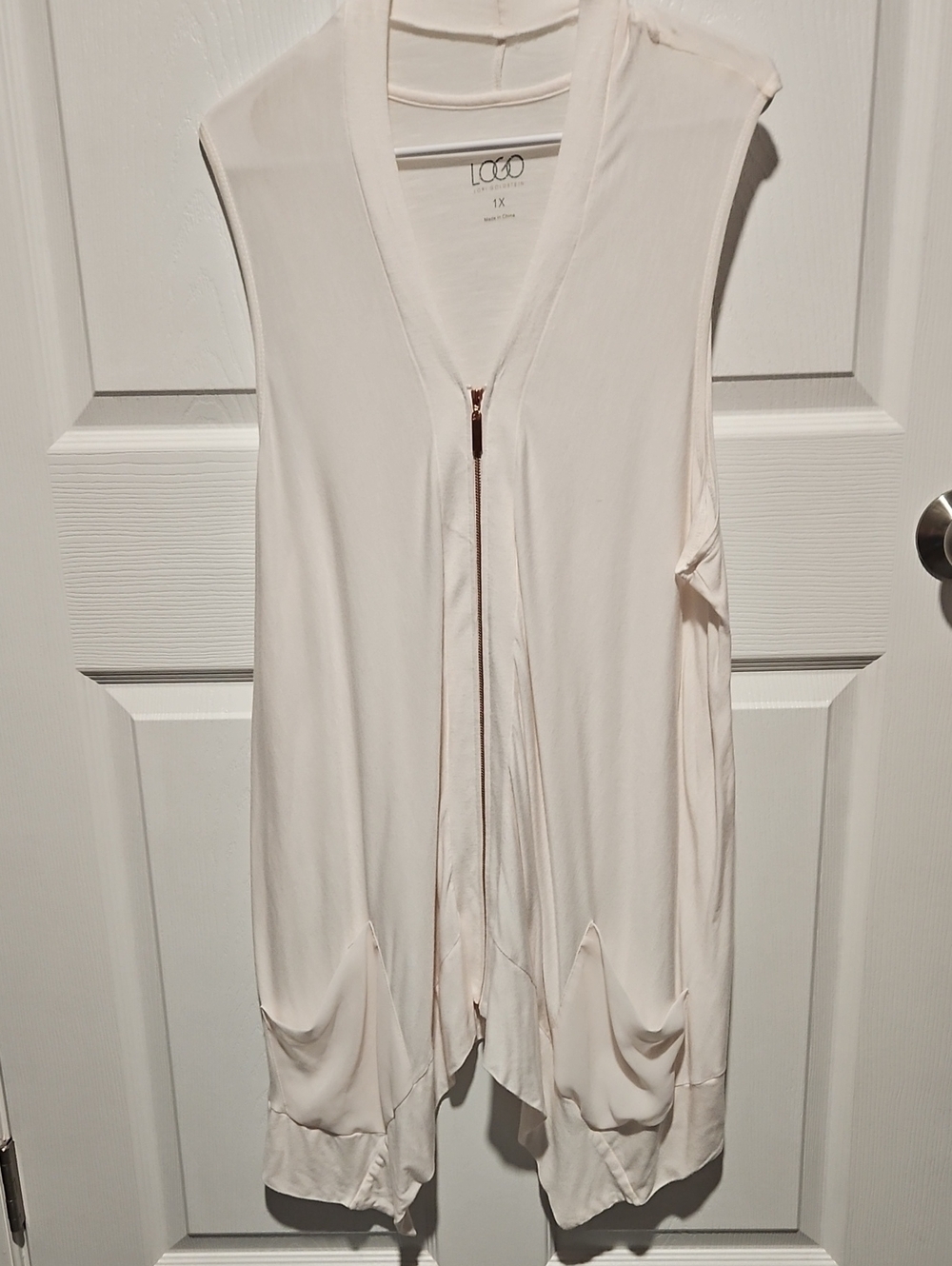 LOGO by Lori Goldstein Cream Sleeveless Zip-Front Draped Tunic